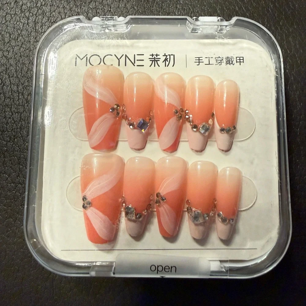 Mocyne 24pc Press On Nails NEW Peach Ombre Rhinestone Long Coffin Art